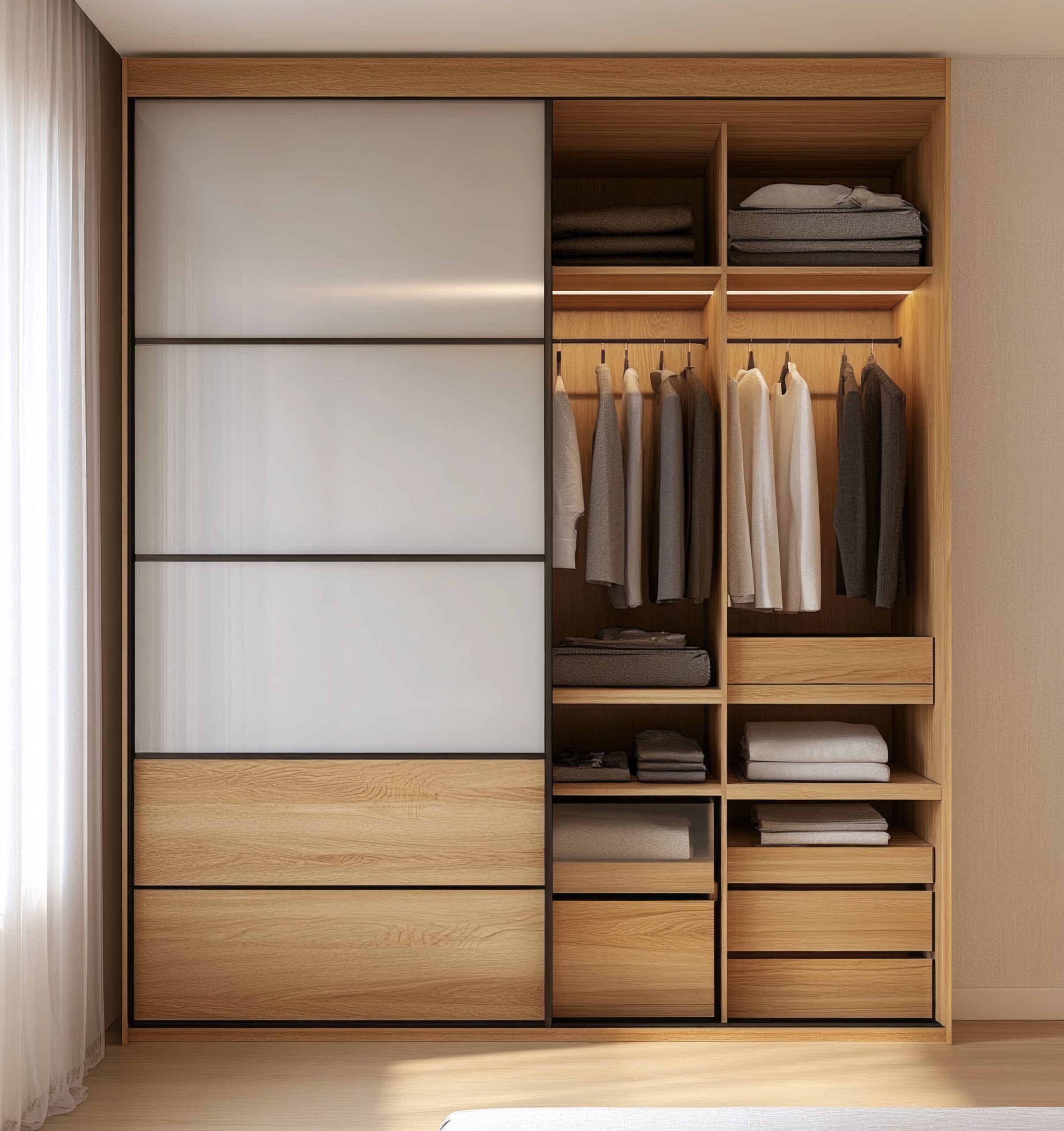 Modern wardrobe with sliding doors and glass windows, made of wooden material and in light colors